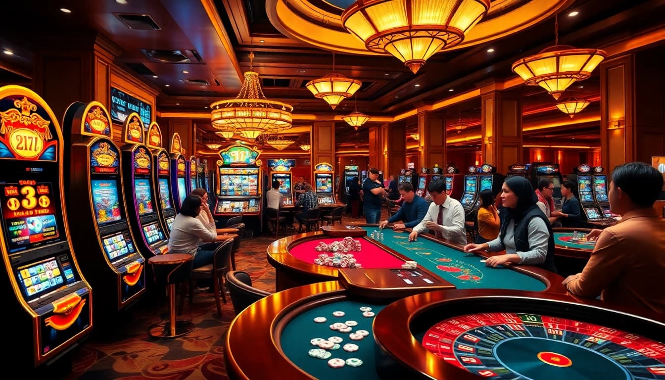 Sao789 players celebrating wins at a vibrant casino filled with slot machines and poker tables.