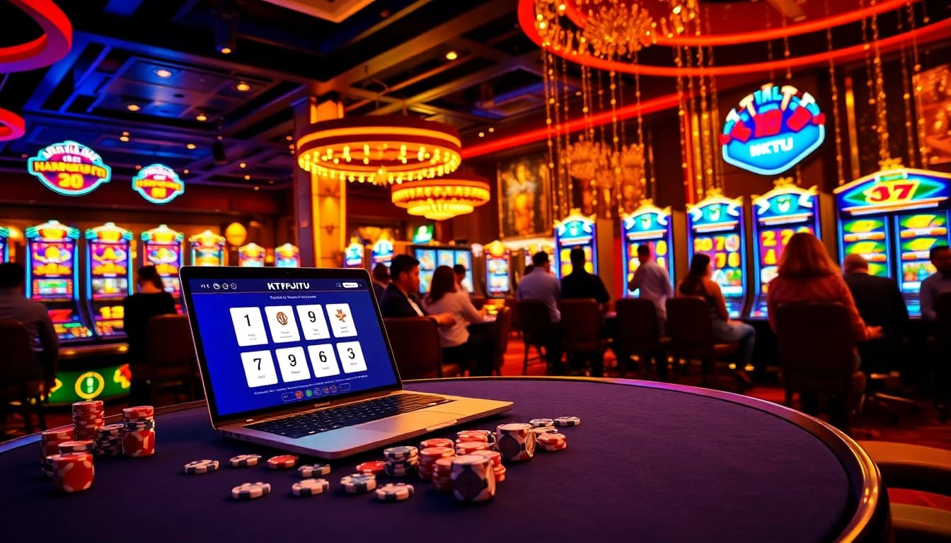 Players enjoying KTPJITU online slots with bright screens, poker chips, and vibrant casino ambiance.