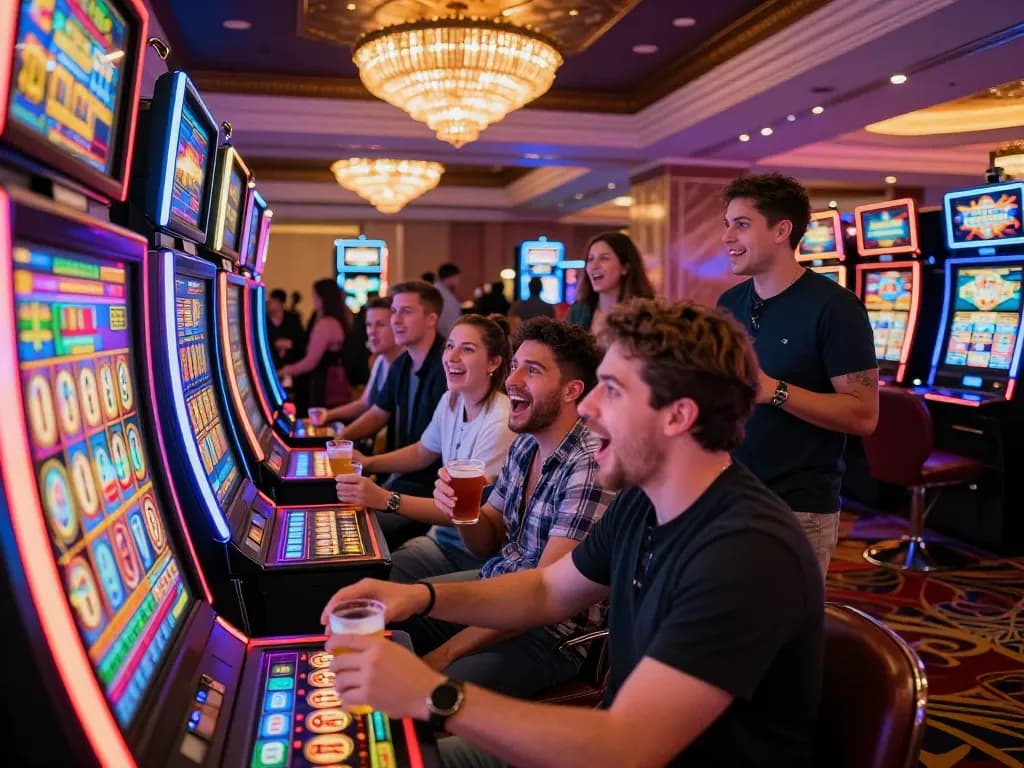 Excited friends playing a link slot machine in a vibrant casino setting, capturing the thrill of the gambling experience.