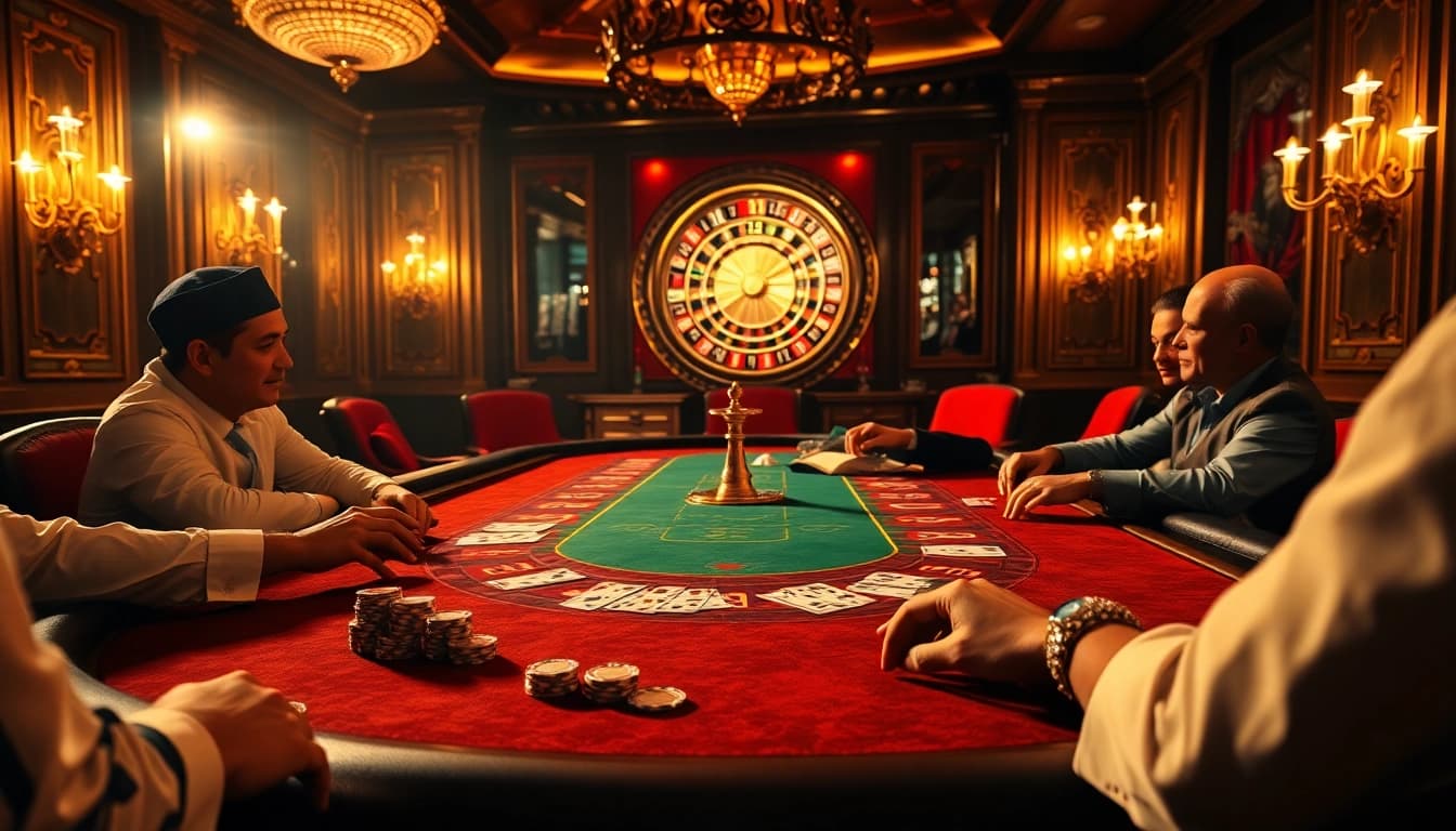 Engaging players at the hit club casino table with poker chips and playing cards.