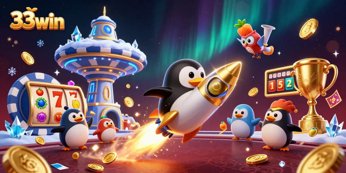 Engage with 33win's thrilling gaming experience featuring a golden penguin in a dynamic casino illustration.