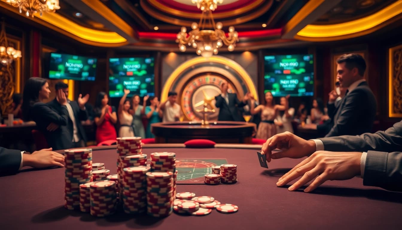 The excitement of nohu90 casino gameplay with poker chips and cards on an elegant table.