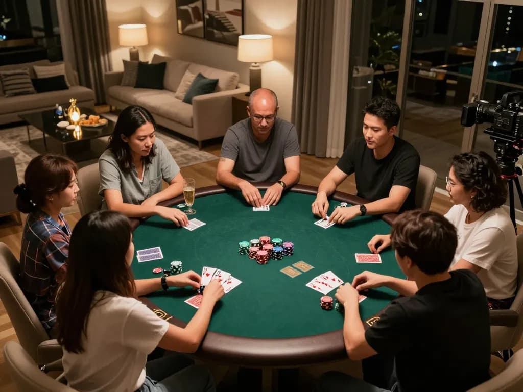 Engaged friends playing poker at home, showcasing strategy and camaraderie while using badak178
