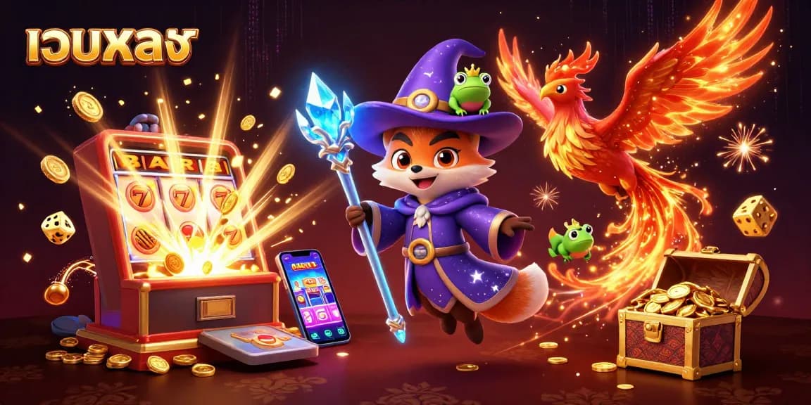 Experience เว็บตรง magic with a whimsical 3D scene of a mystical wizard fox and phoenix amidst a jackpot explosion.