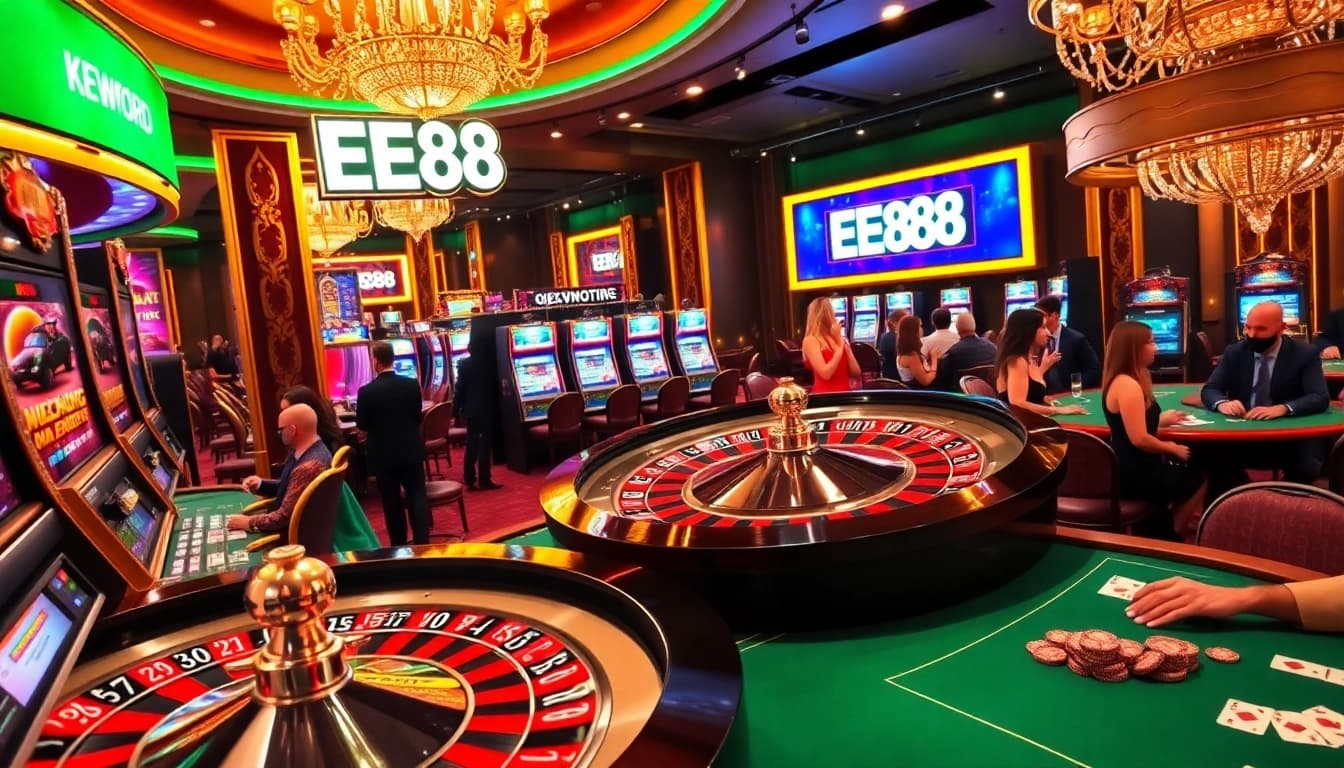 EE88 casino atmosphere with roulette wheels, poker tables, and vibrant slot machines.