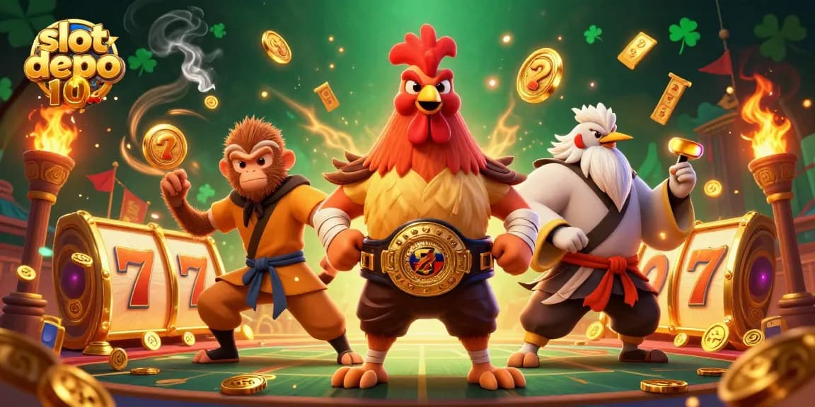 Experience thrilling action in slot depo 10k with a dynamic cartoon scene featuring a fierce Muay Thai rooster and Shaolin monkey amidst golden reels and coins.