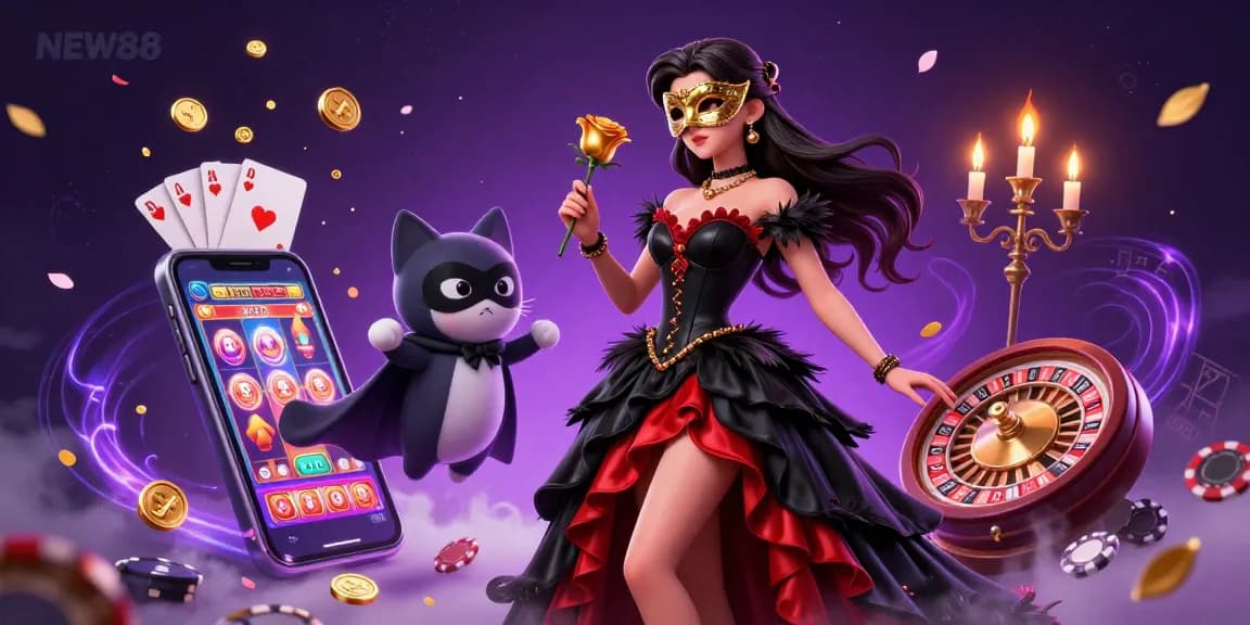 Experience the thrilling atmosphere of NEW88 with a vibrant 3D casino illustration showcasing exciting game elements.