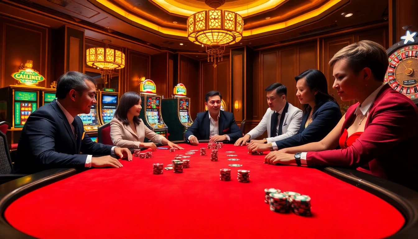 Exciting poker game at https://kuwinblog.com/ with vibrant tables, chips, and a roulette wheel.