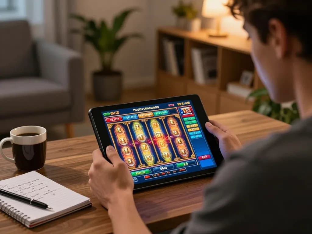 Engaging in slot depo 5k online, a player focuses on vibrant slot game while strategizing