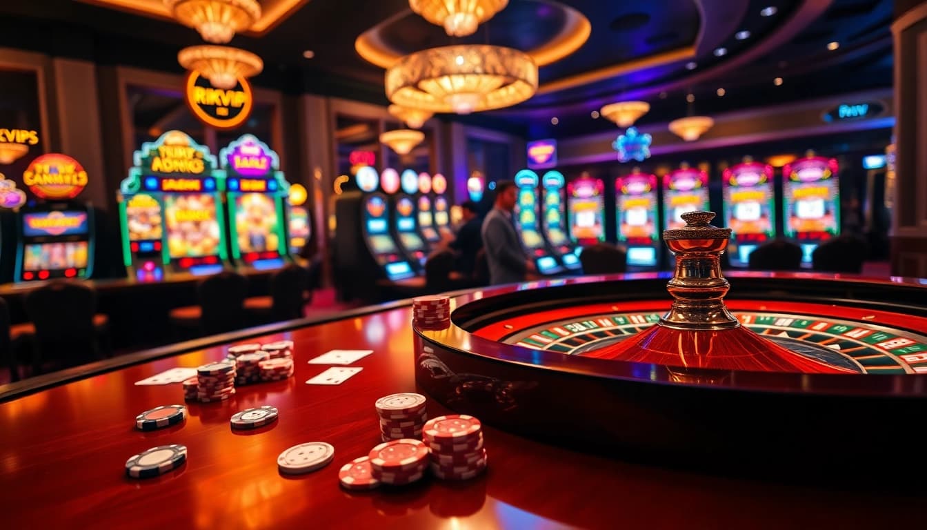 Experience high-stakes gaming at RIKVIP with exciting casino tables and vibrant roulette wheels.