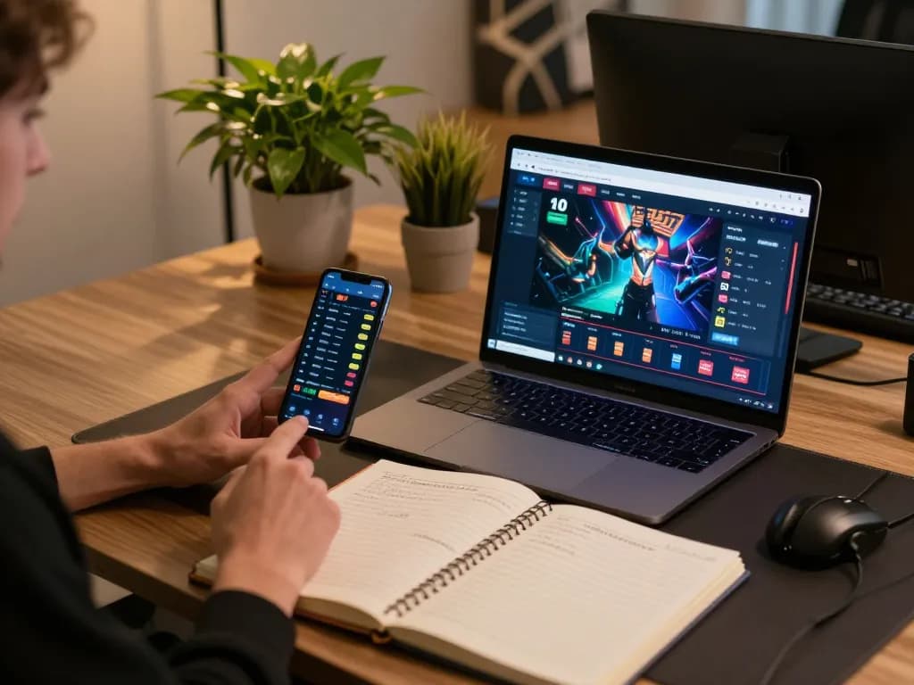 Engaged player exploring the trang chủ 68win site on a laptop in a cozy gaming setup