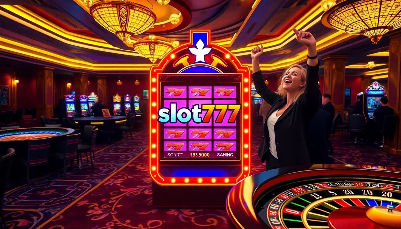 A joyful gambler wins big at a slot777 machine in a luxurious casino setting, surrounded by poker chips.