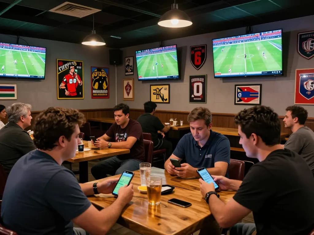Kèo bóng đá hôm nay as bettors analyze odds on mobile devices in a lively sports bar.