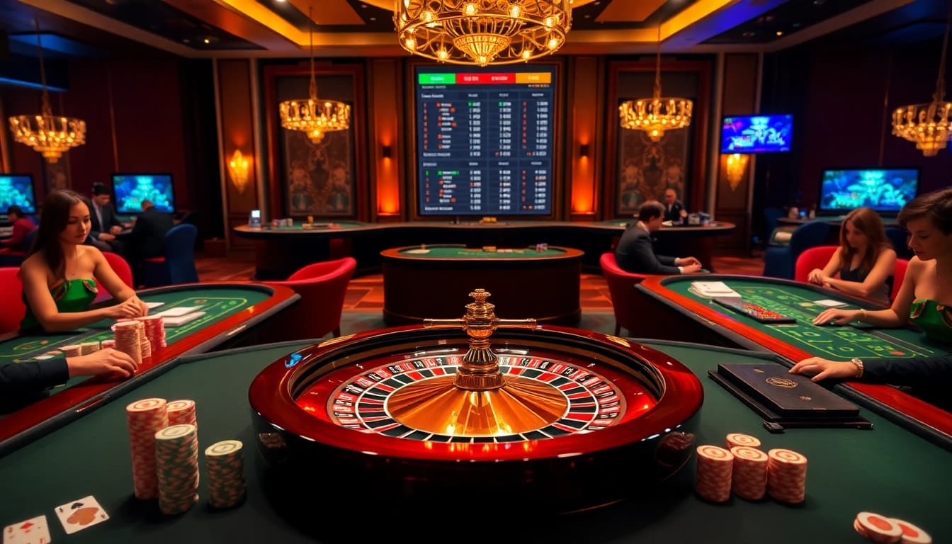 Engage in thrilling gameplay at https://du88i.com/, featuring vibrant casino tables and roulette wheels.