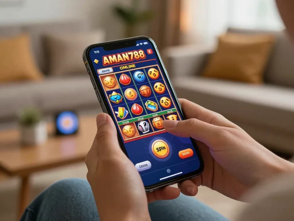 Bergembira dengan slot online AMAN788, seorang pemain dengan antusias memutar gulungan di perangkat seluler mereka di lingkungan rumah yang nyaman.