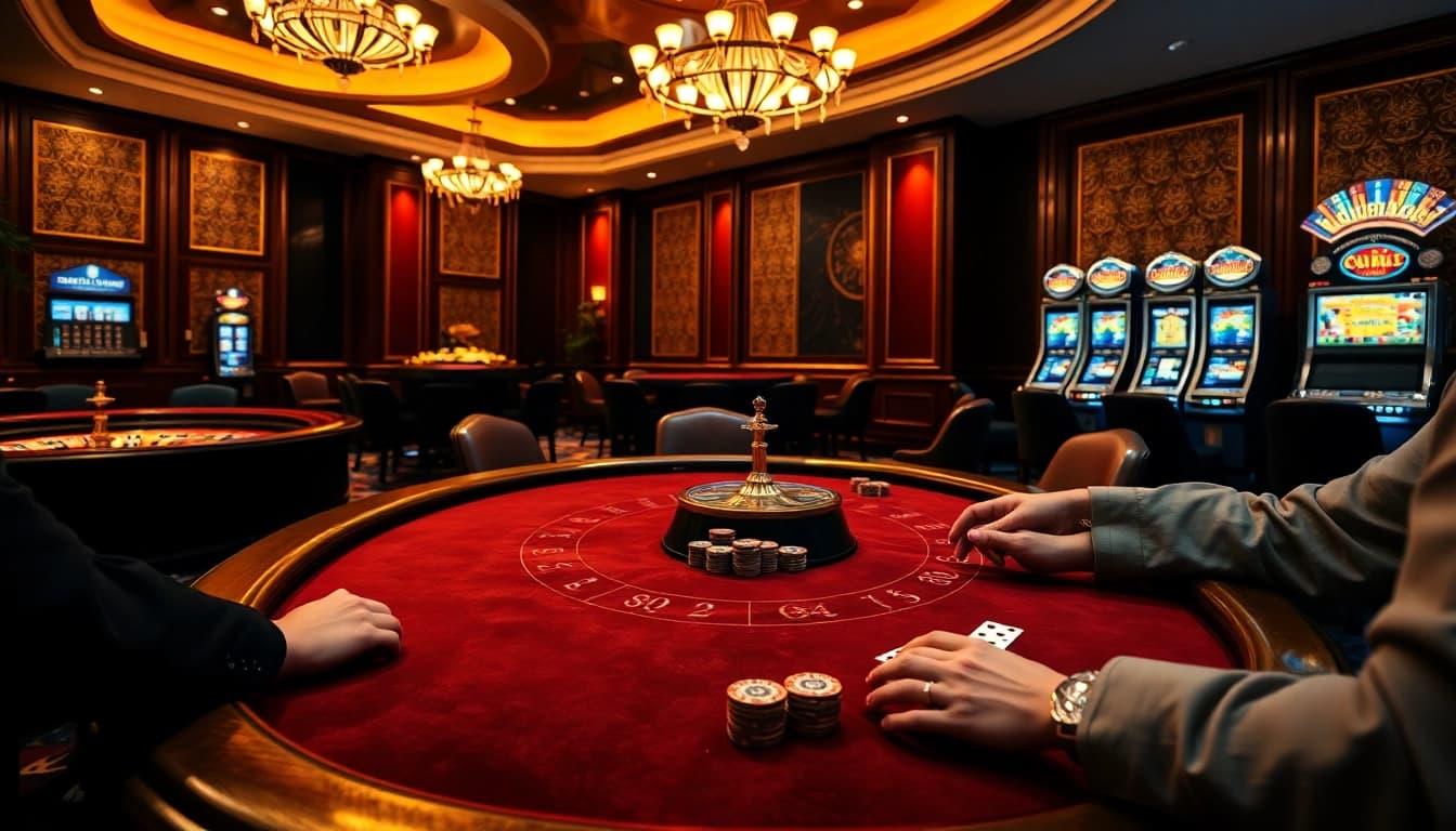 Players engage in a high-stakes game at GG88 casino table, showcasing luxury and excitement.