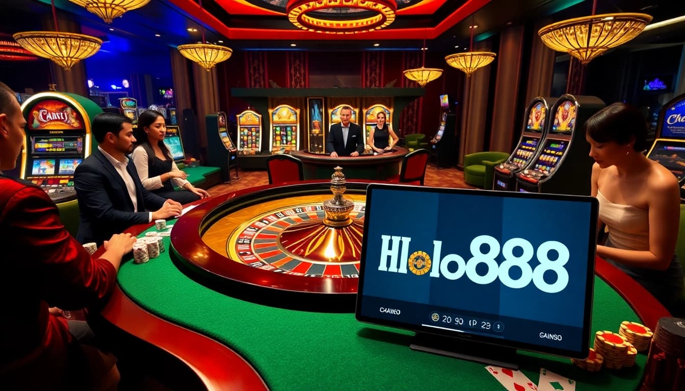 Experience the thrill of casino gaming with Helloo88 as players engage around a luxurious roulette table.