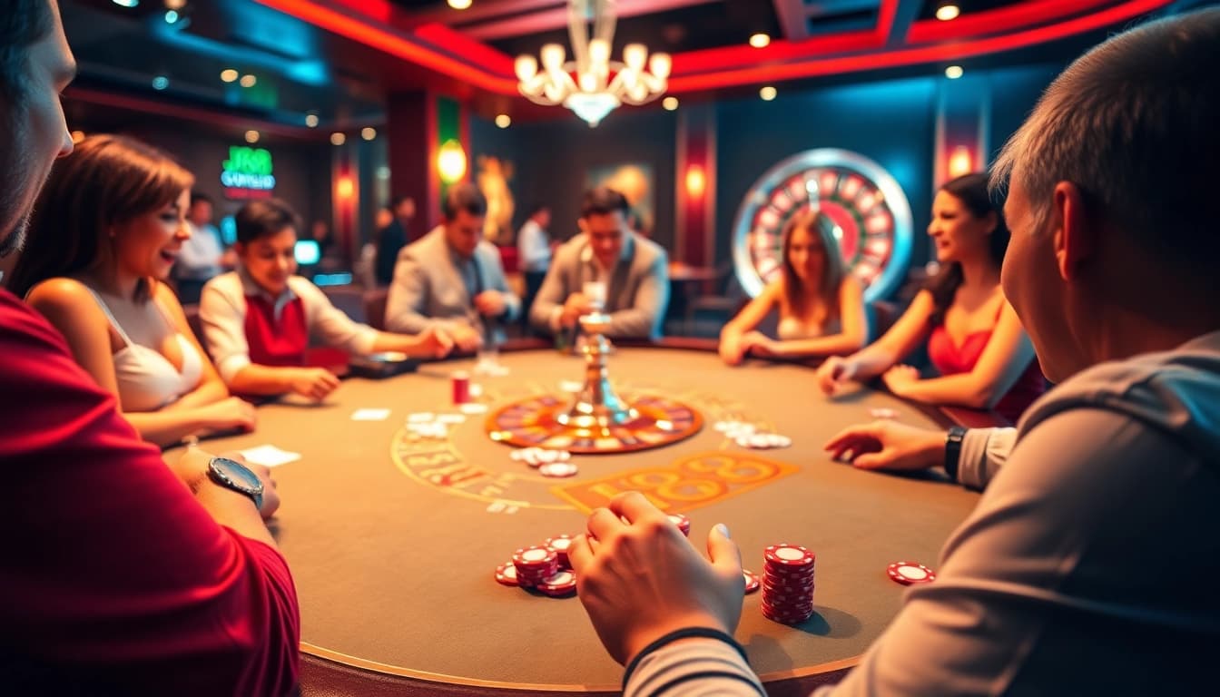 Experience the thrill of j88 gaming with vibrant poker action at a luxurious casino table.
