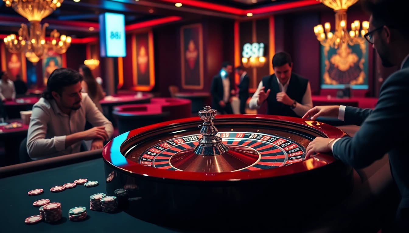 Players placing bets at a luxurious 88i casino table, showcasing thrills and excitement.