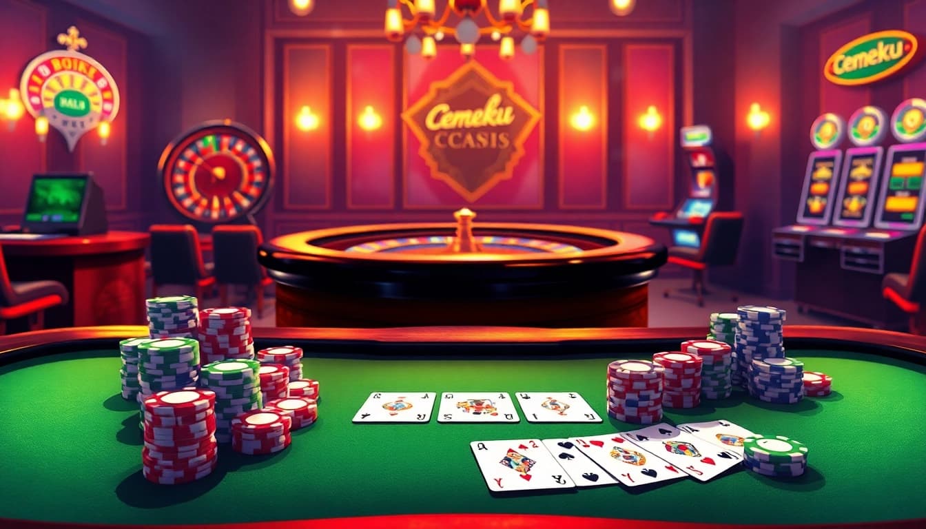 Cemeku poker players strategizing their next move at an elegant online casino table.