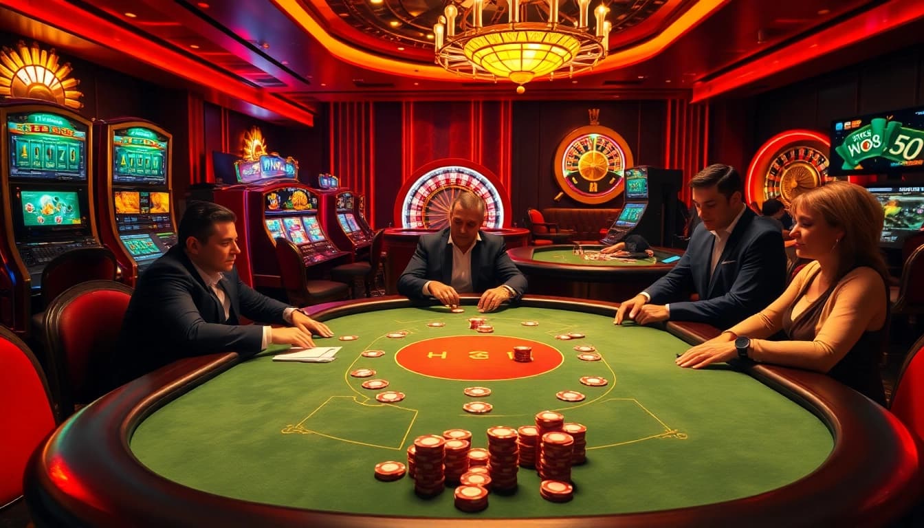 Players enjoying high-stakes poker at a luxurious casino table inspired by hm88.com