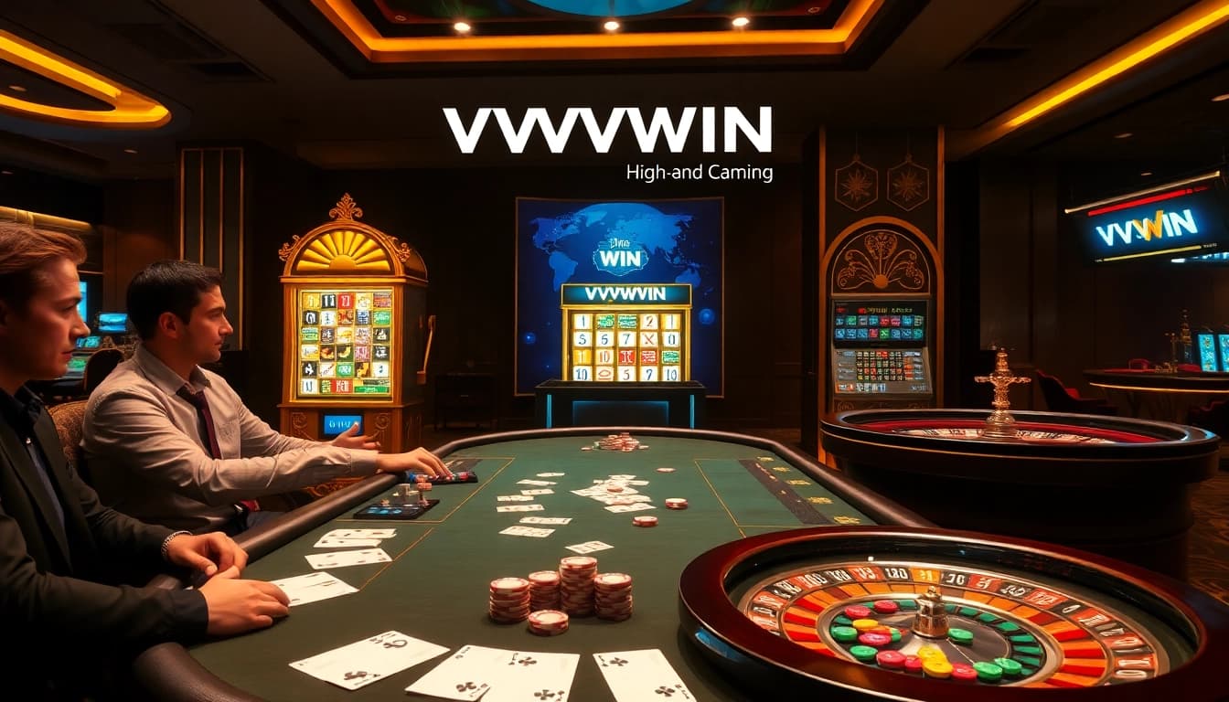 VVVWIN casino scene featuring poker and slot games in a luxurious environment.