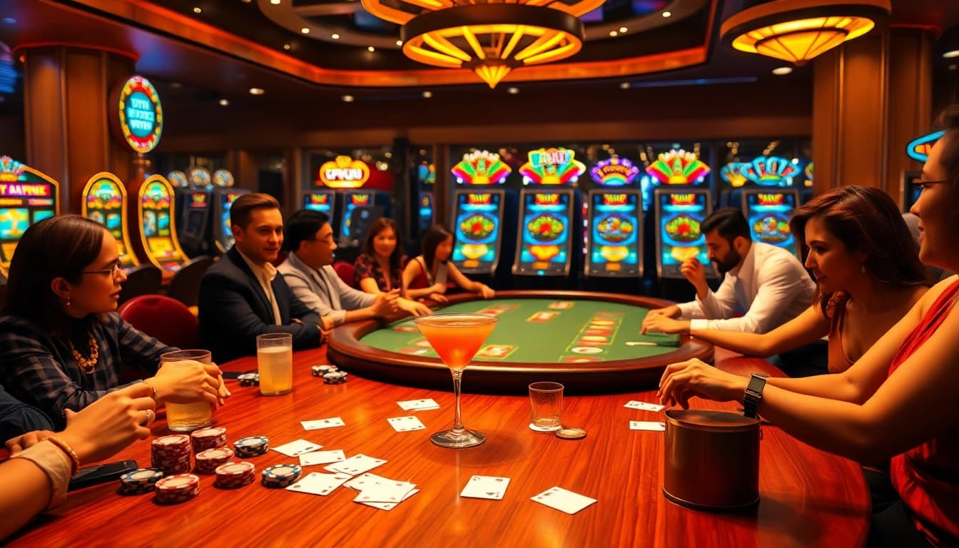 Exciting poker game at https://33win68.io/ with vibrant casino atmosphere, chips, and cards.