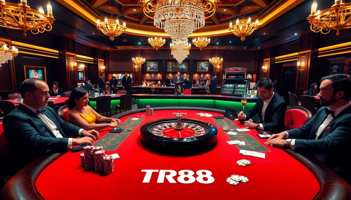 Excited players at TR88 poker table in a luxurious casino setting with vibrant atmosphere.