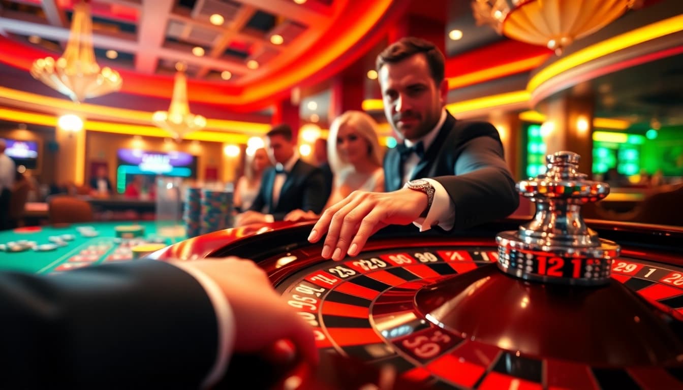 Main dealer at the casino toko56 engaging players with lively roulette game.