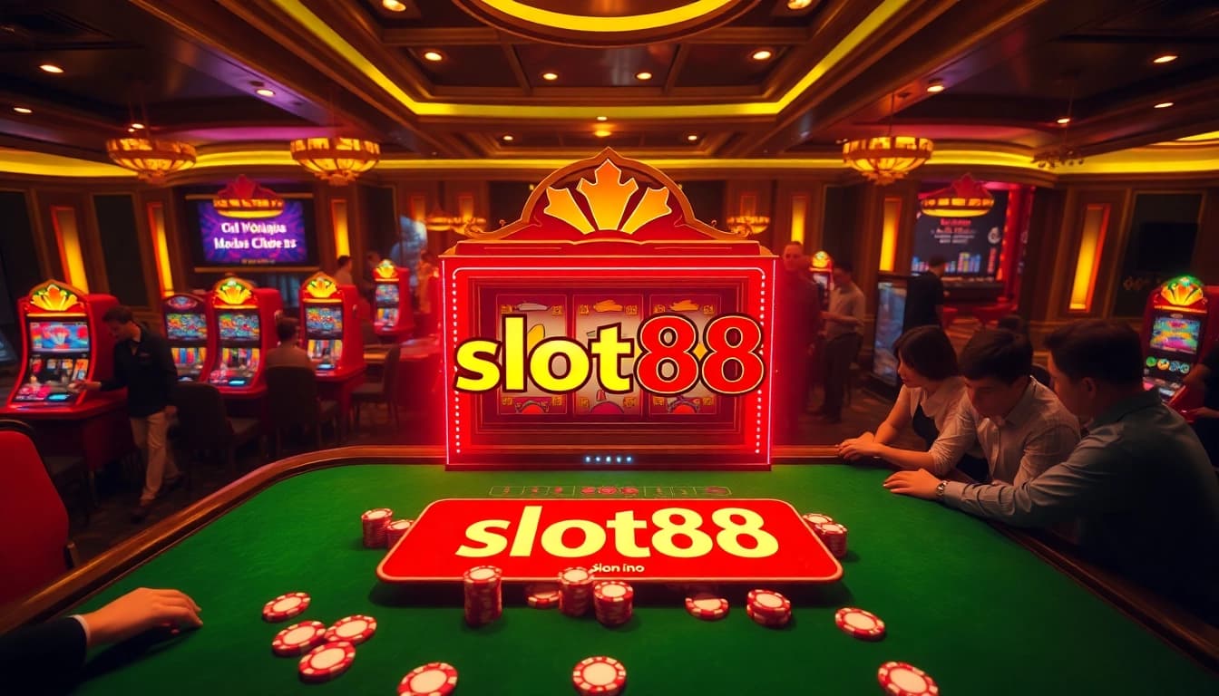 Engage with the thrilling slot88 game amidst vibrant casino lights and eager players.