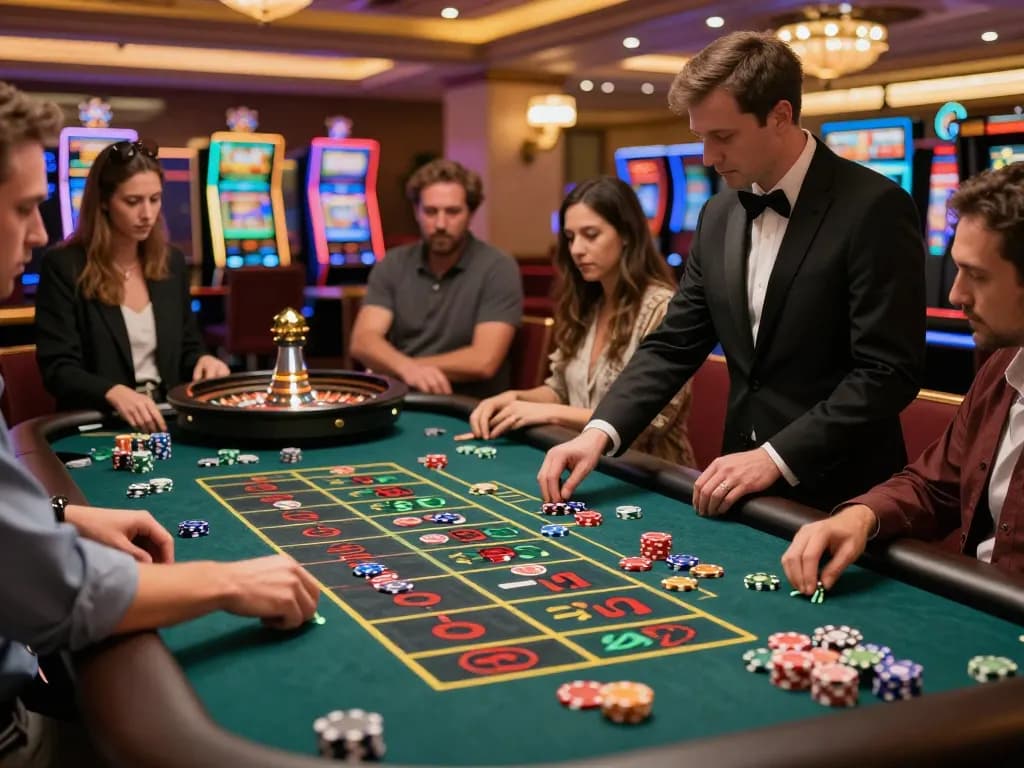 KONG88 players excitedly placing bets on a roulette table at a bustling casino