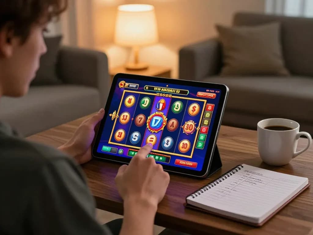 A player enjoys gaming on a tablet at home, engaging with situs slot gacor online for a thrilling experience.