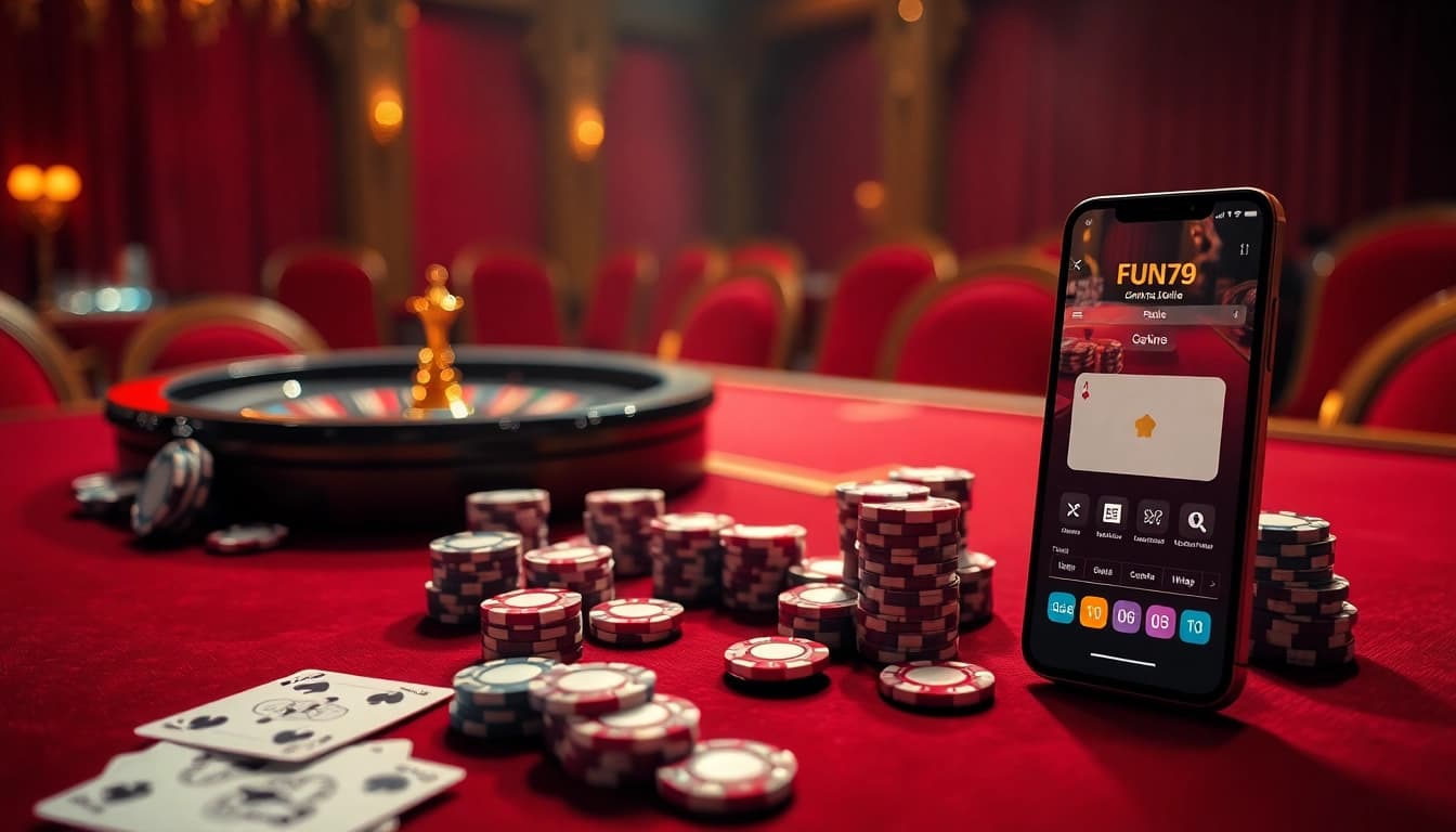 Experience the thrill of online gambling with FUN79, featuring vibrant poker chips and a roulette wheel.