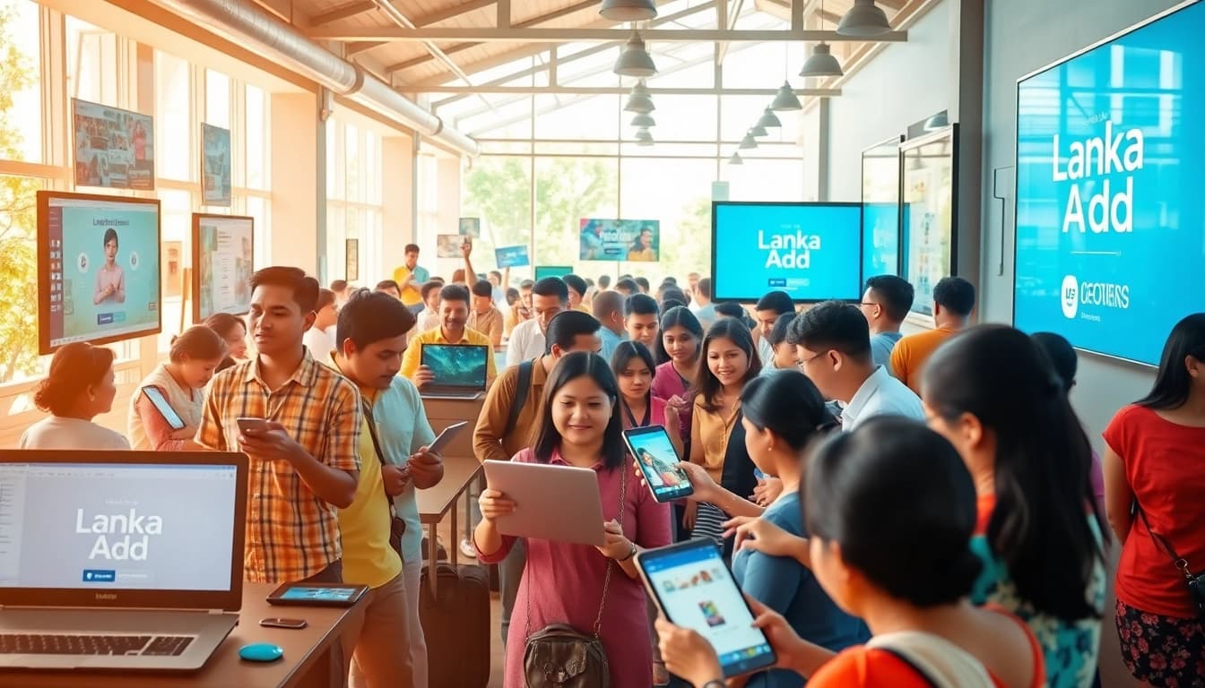 Lanka Add marketplace scene with users engaging joyfully in posting ads online, showcasing community connection.