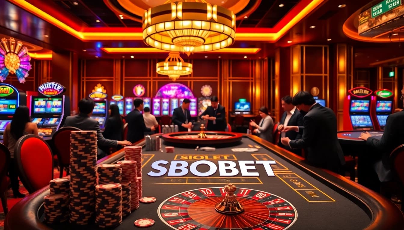 SBOBET table scene with poker chips and roulette wheels reflecting a luxury gambling atmosphere.