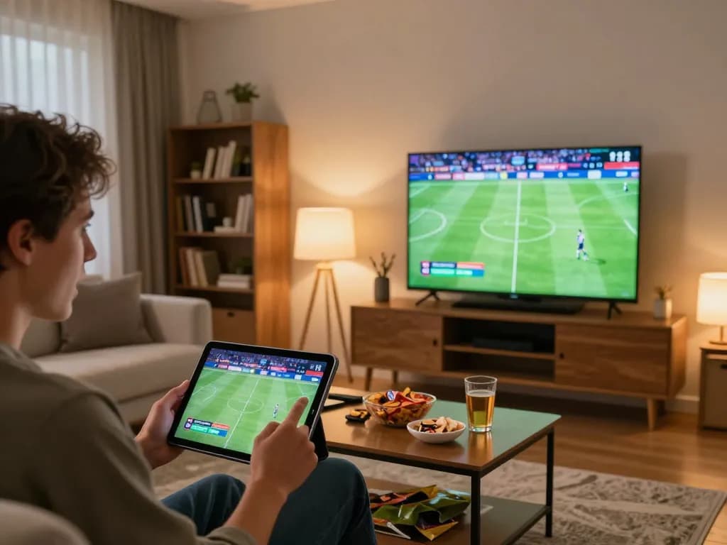 Person engaged in live kqbd soccer betting while enjoying a game at home.