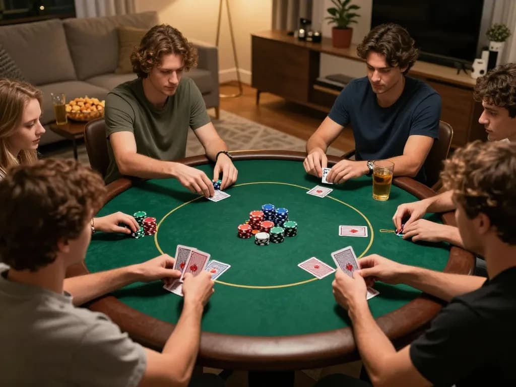 Exciting poker night with friends at home, highlighting strategic gameplay and friendly competition around the table while referencing trang chủ ok365.