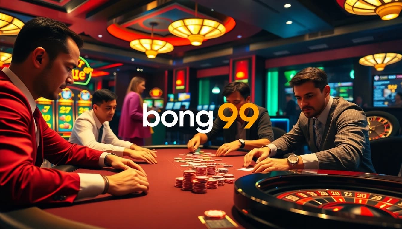Bong99 poker game in an exciting casino environment with engaging players and colorful chips.