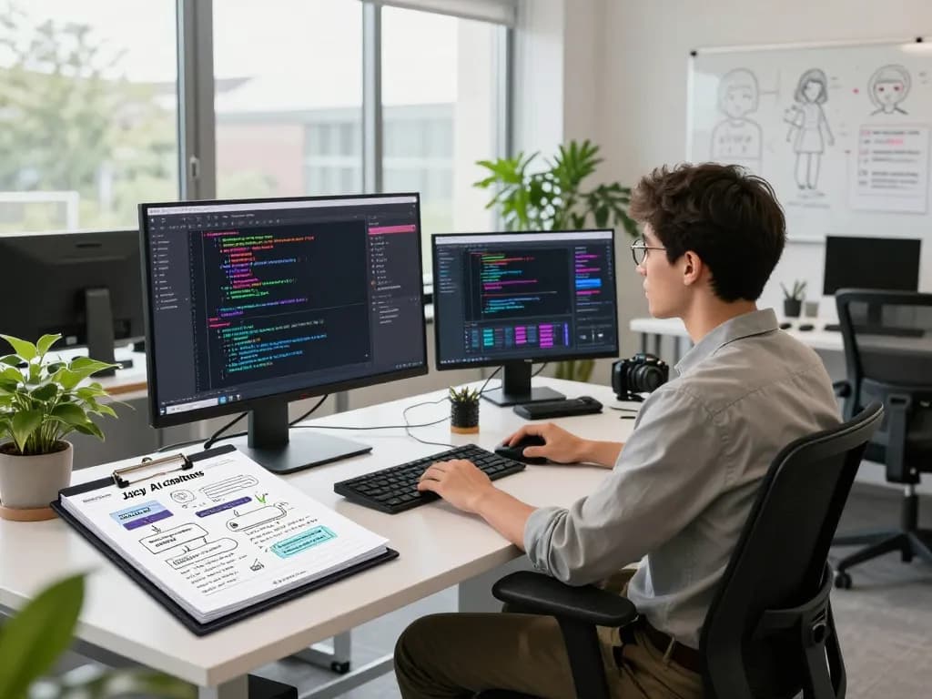 Creative workspace with screens displaying juicy ai chatbot development, modern design elements, and collaborative tools.