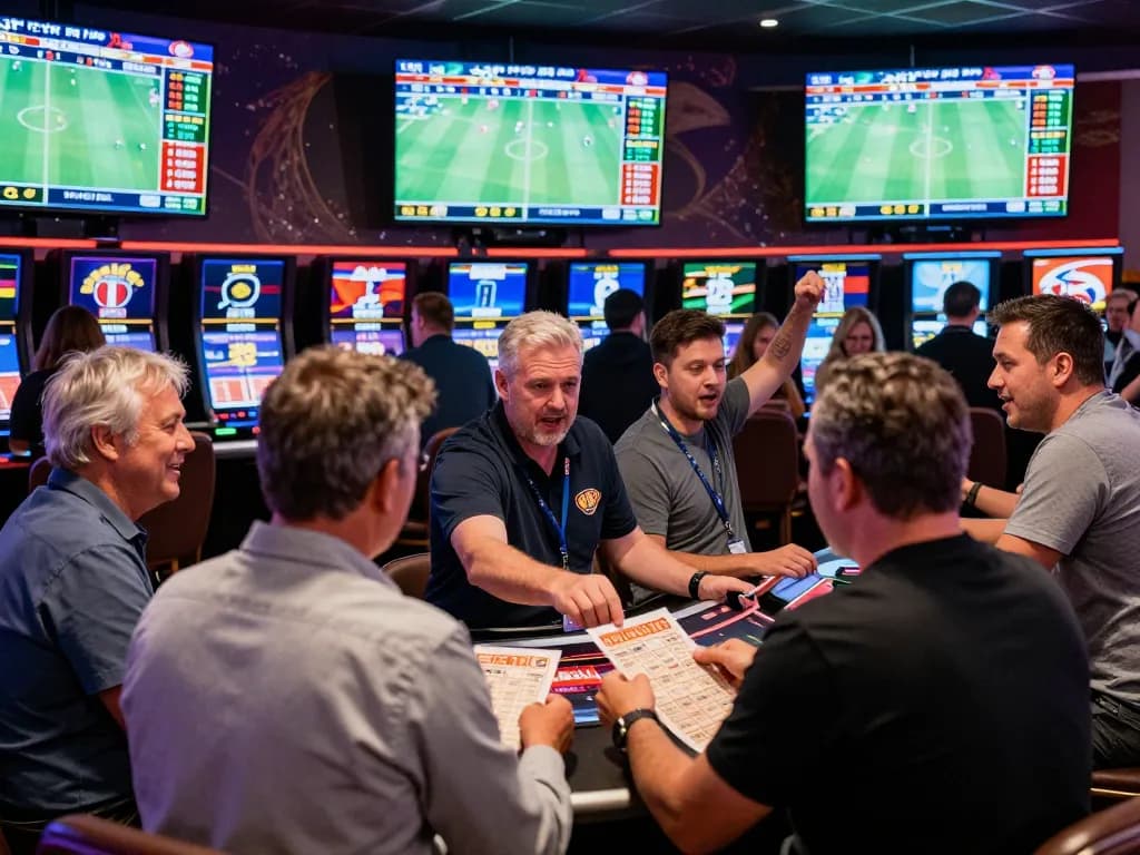 Excited bettors engaging with tỷ lệ kèo nhà cái at a vibrant sportsbook in a modern casino