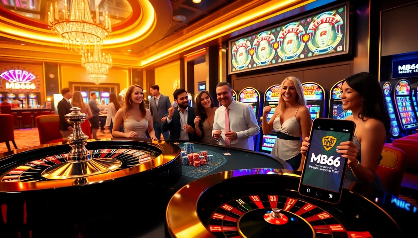 Excited gamblers engaging with MB66 at a luxurious casino featuring poker chips, roulette, and vibrant slot machines.