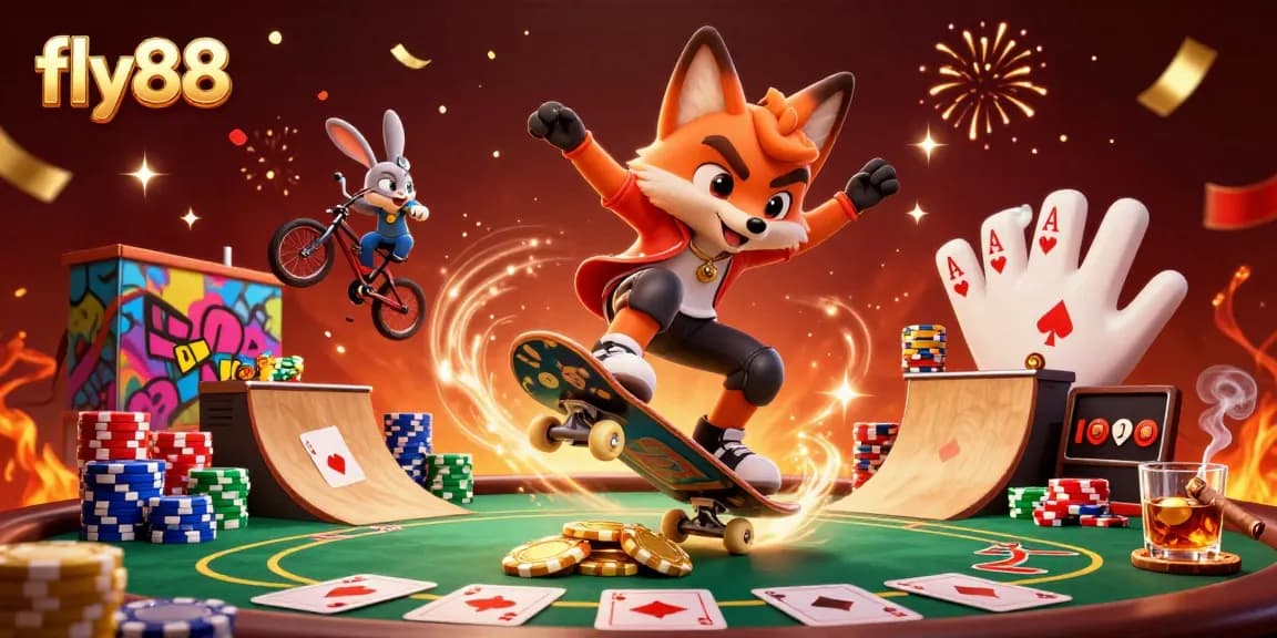 Experience excitement at fly88 with a kickflip by a skateboarder fox amid vibrant casino elements.
