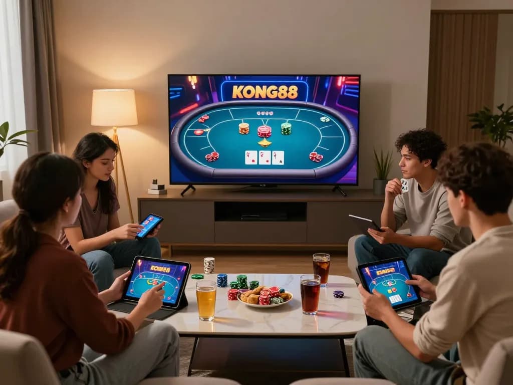 KONG88 players enjoying an online poker game in a cozy living room, showcasing modern gaming technology.