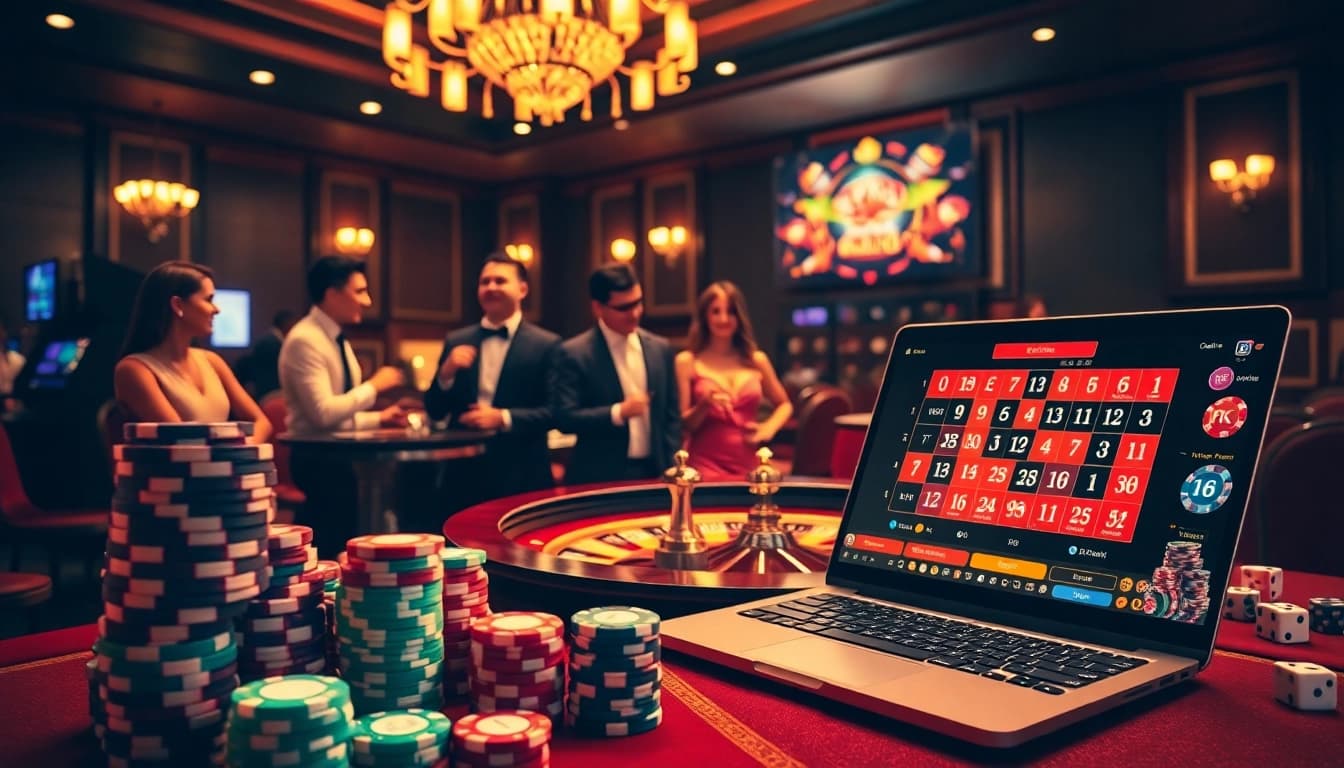 Betting excitement at https://f8bet.me.uk/ with luxurious casino elements, including poker chips and roulette.