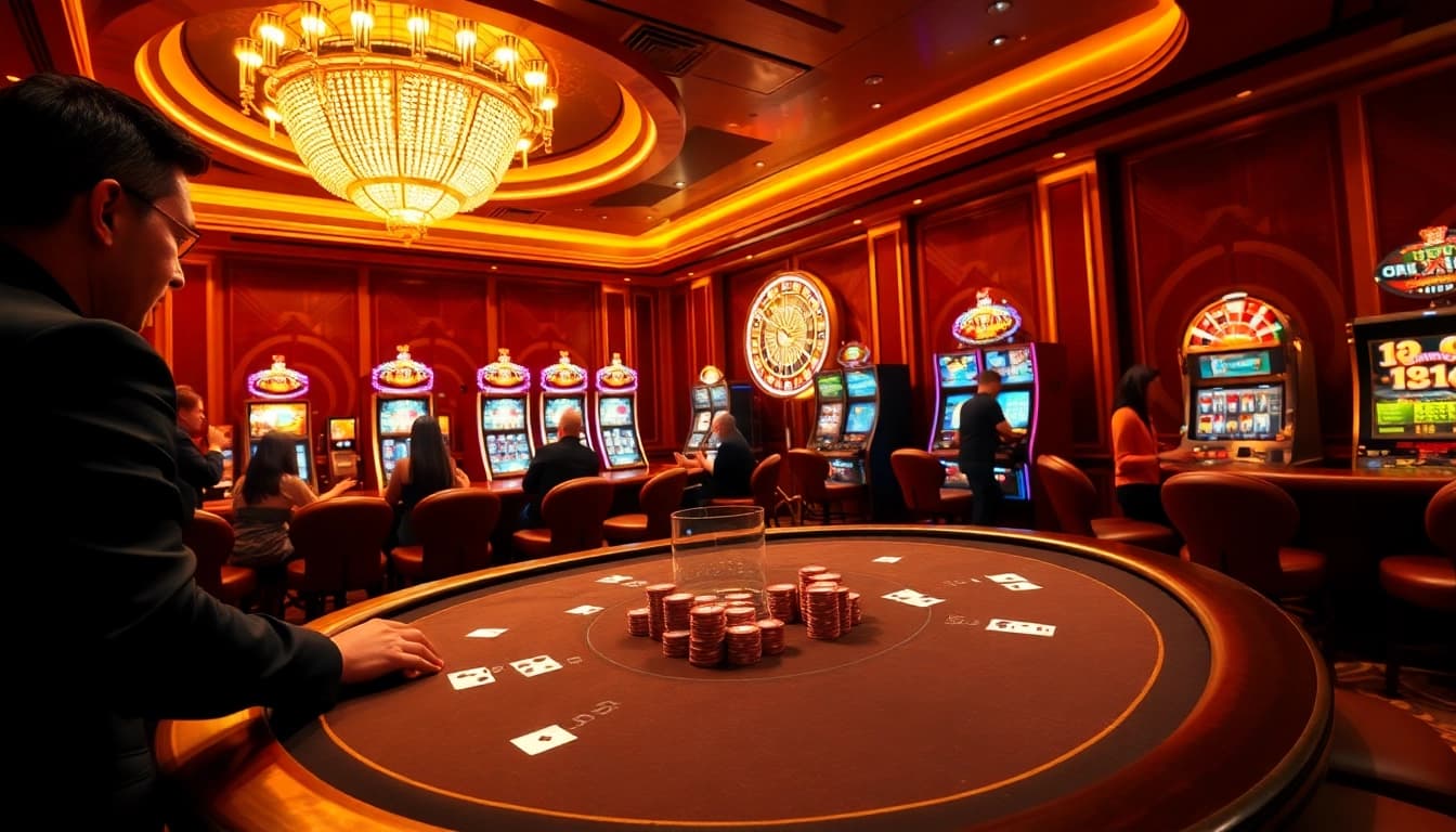 Experience the excitement of 68 game bài at a luxurious casino featuring poker tables and slot machines.