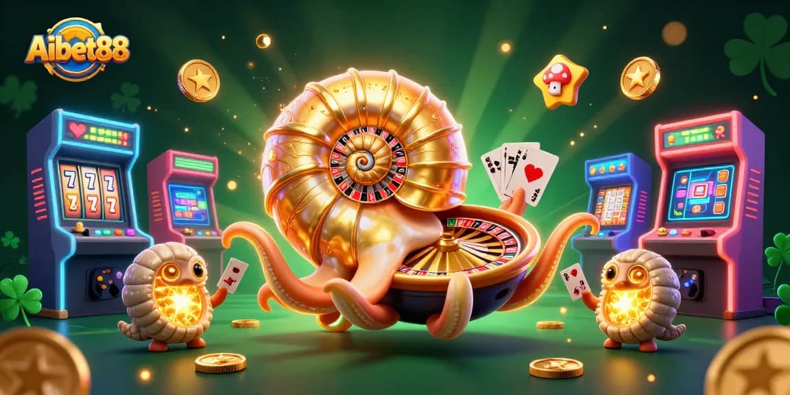 Aibet88 offers an exciting casino experience with games, vibrant graphics, and unique elements like a roulette wheel nautilus.