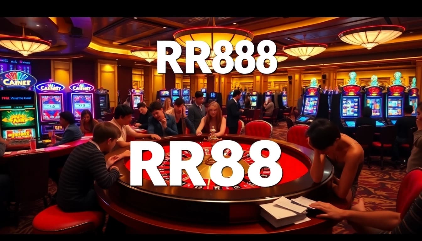 Experience the thrill of RR88 with a bustling casino atmosphere and engaged gamblers.