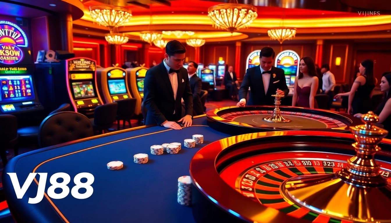 Experience high-stakes excitement with VJ88's luxurious casino atmosphere featuring poker and roulette.