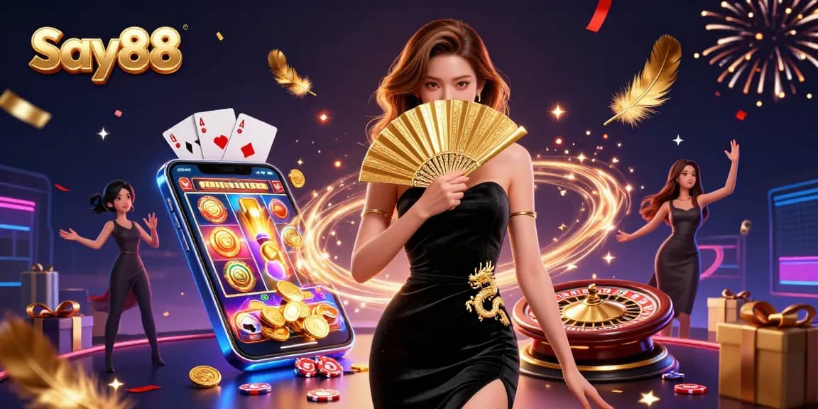Engage with Say88's captivating casino scene featuring a stunning Asian woman amid vibrant gambling elements.