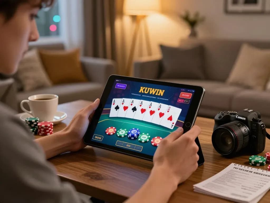 Kuwin player engaging in an online poker game with vibrant chips and cards on tablet.